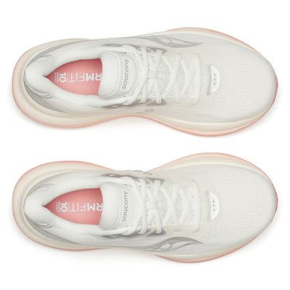 White Saucony running shoes with pink soles on a white background