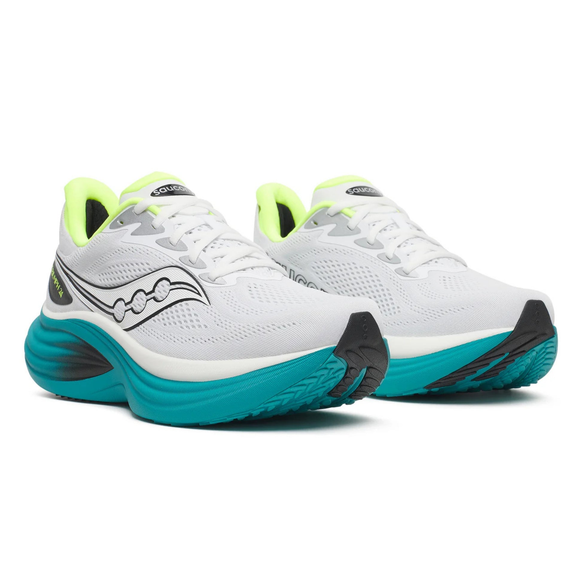 White Saucony running shoes with teal soles and green accents on a white background