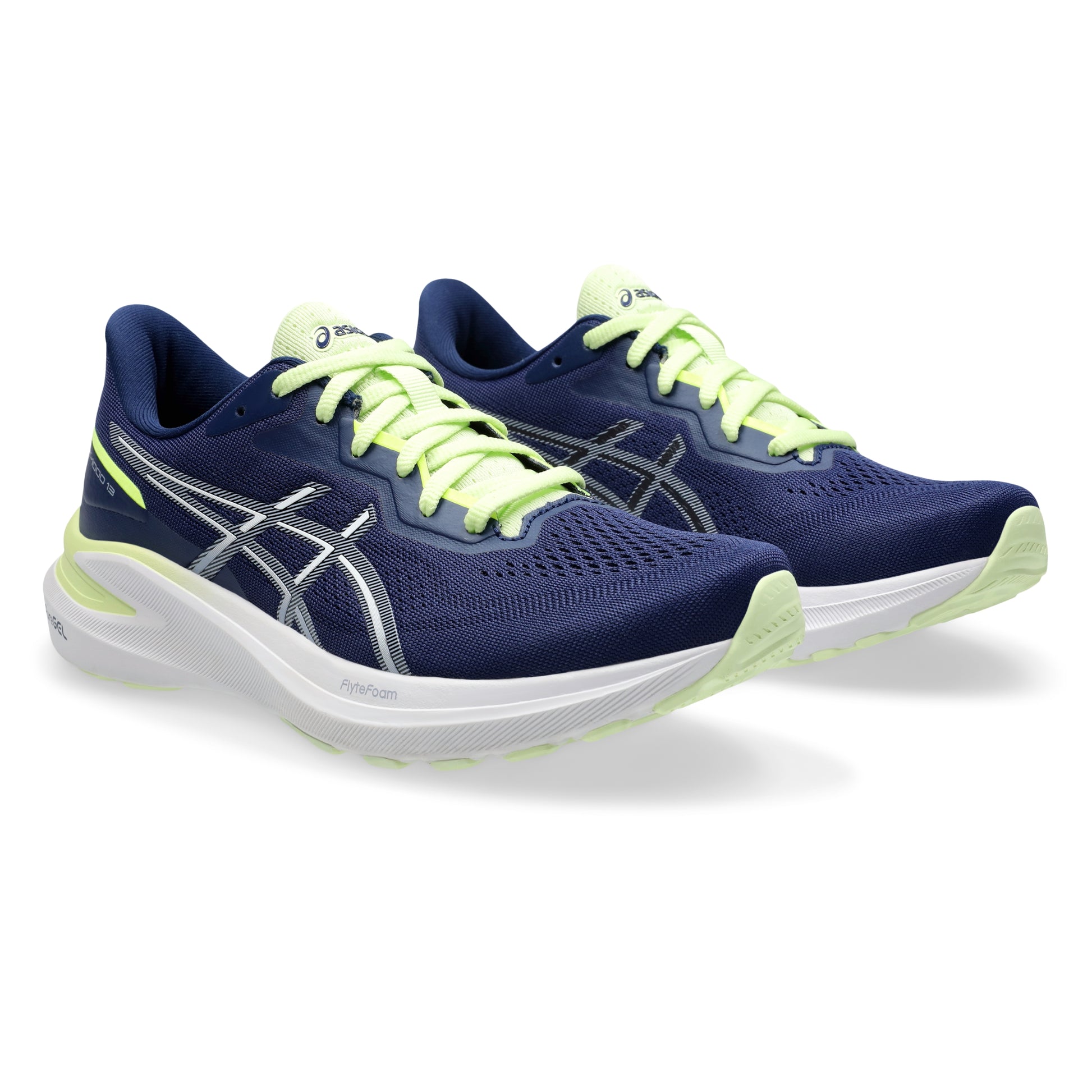 Blue running shoes with green accents on a white background