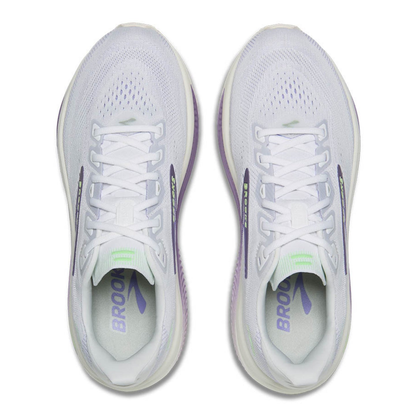 A pair of white Brooks running shoes shown from a top-down view on a clean white background.