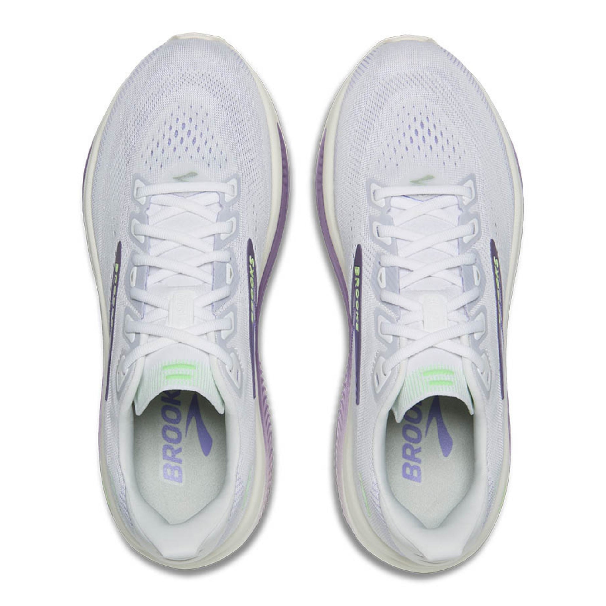 A pair of white Brooks running shoes shown from a top-down view on a clean white background.