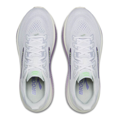 A pair of white Brooks running shoes shown from a top-down view on a clean white background.