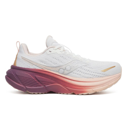 White running shoe with a gradient sole on a white background