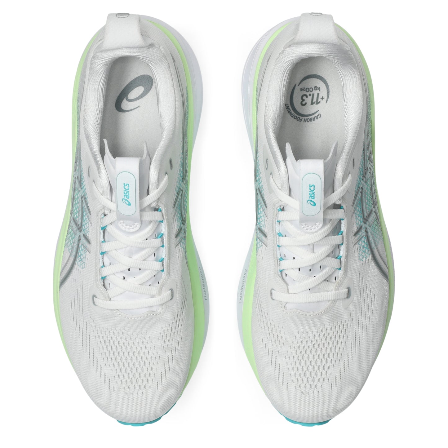 White Asics running shoes with green accents on a white background