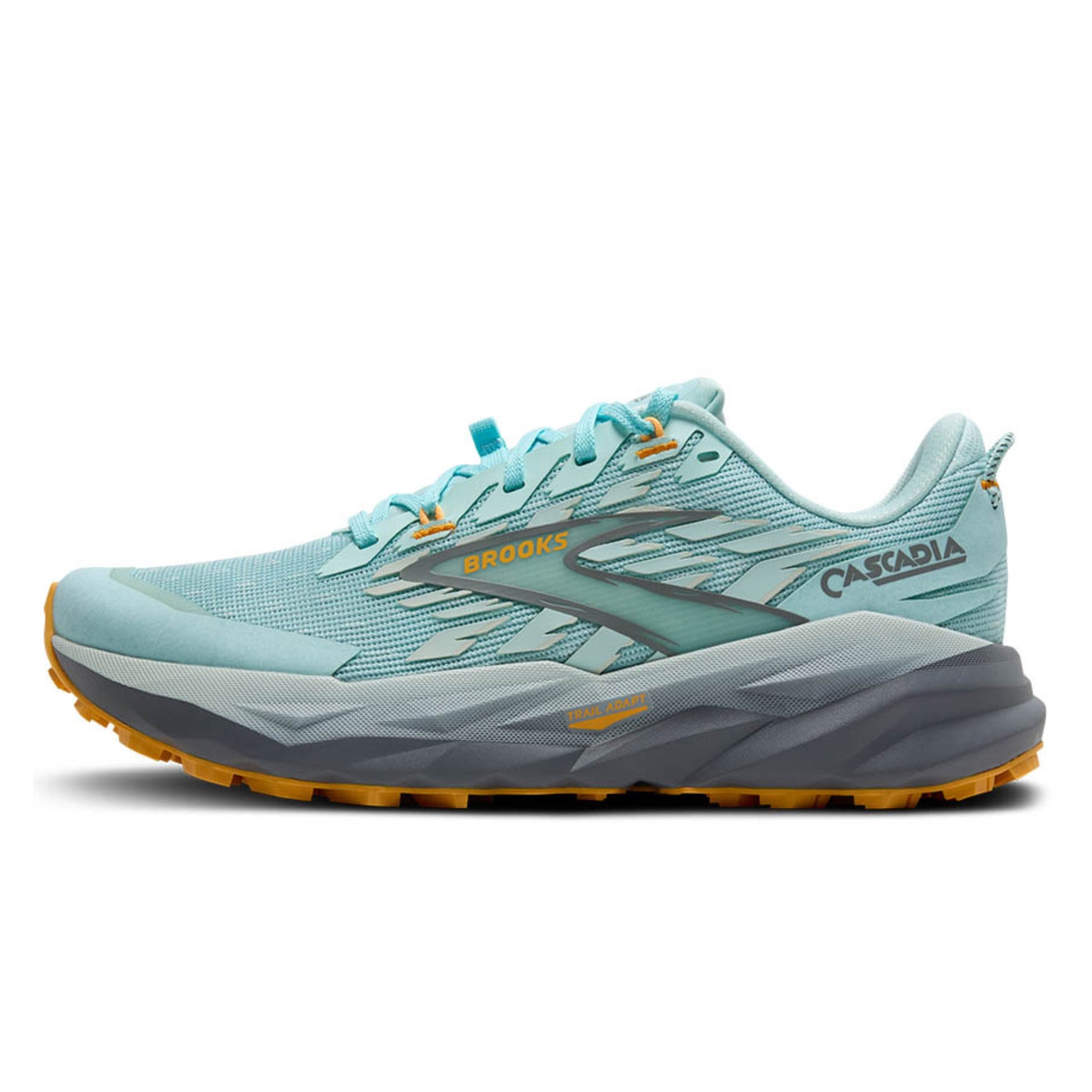 Light blue Brooks running shoe with the wording Cascadia on the side 