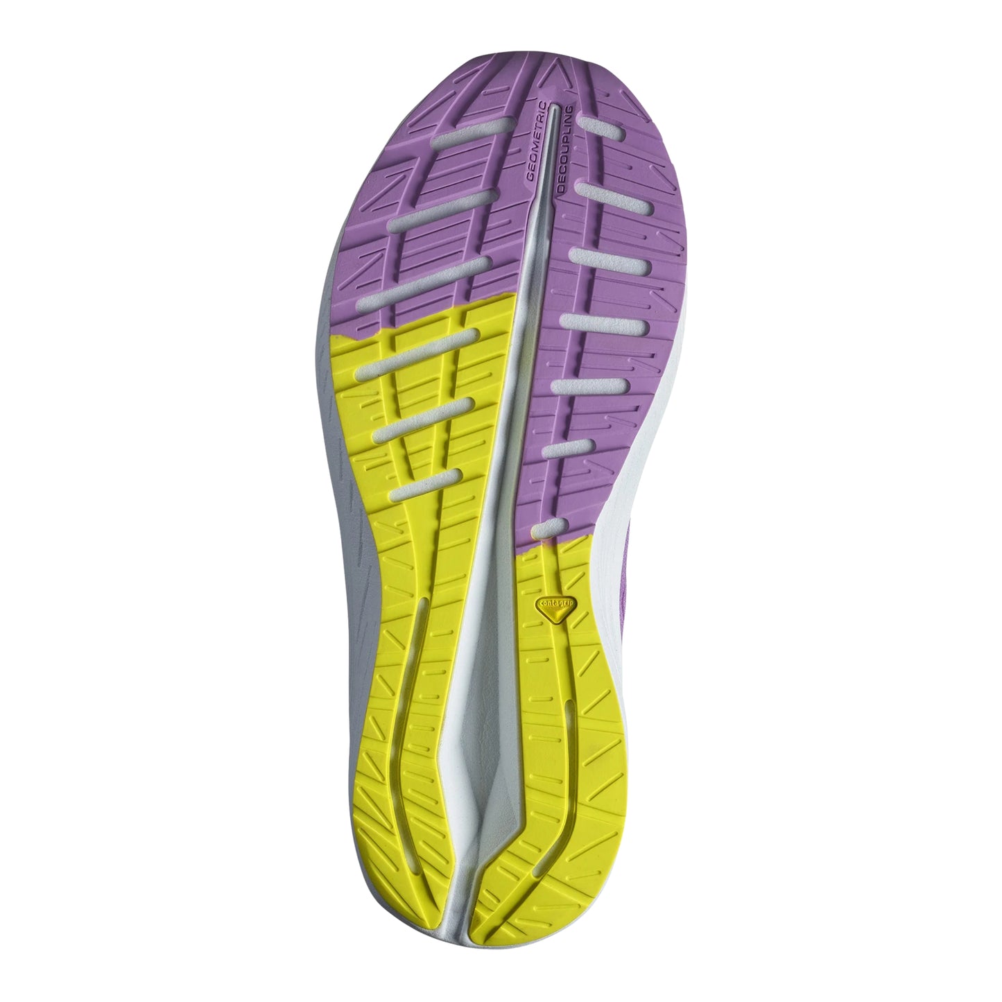Close-up of a shoe sole with purple and yellow tread pattern on a white background