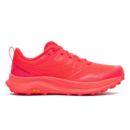 Bright red Saucony running shoe on a white background