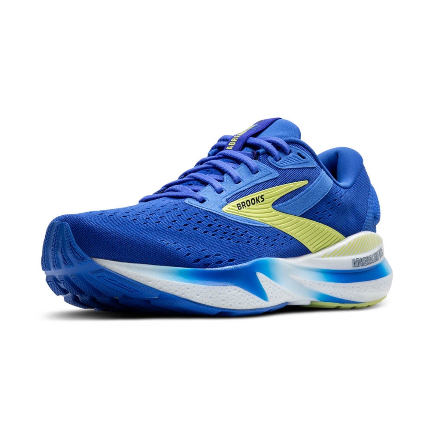 Blue Brooks running shoe with yellow accents on a white background