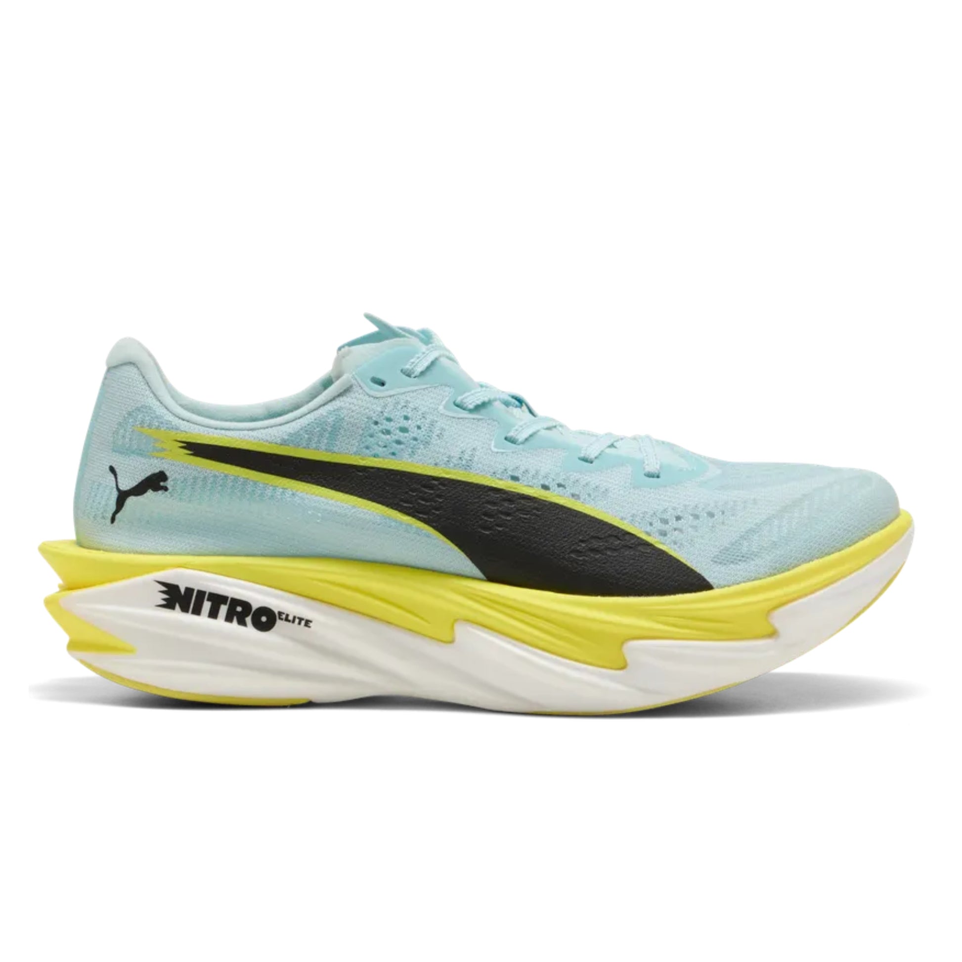 Light blue running shoe with yellow sole on a white background