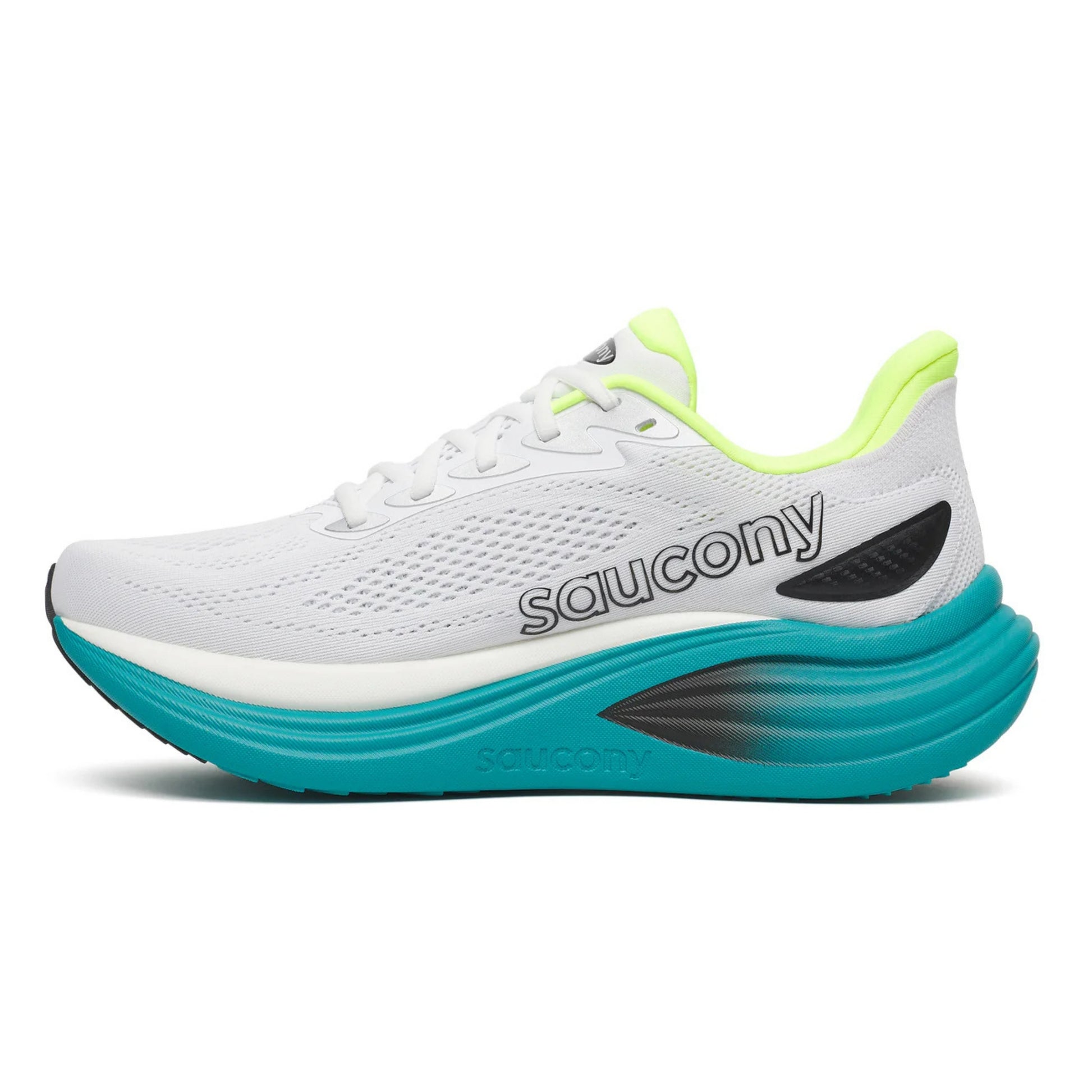 White Saucony running shoe with teal sole on a white background