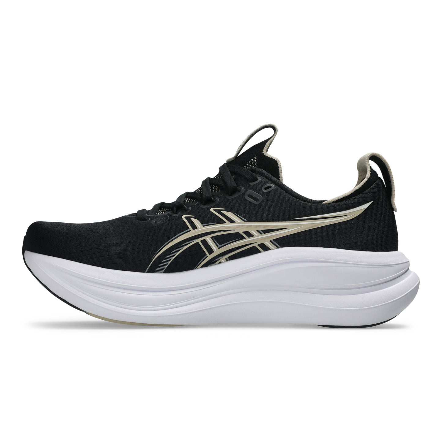 Black Asics running shoe with white sole on a white background