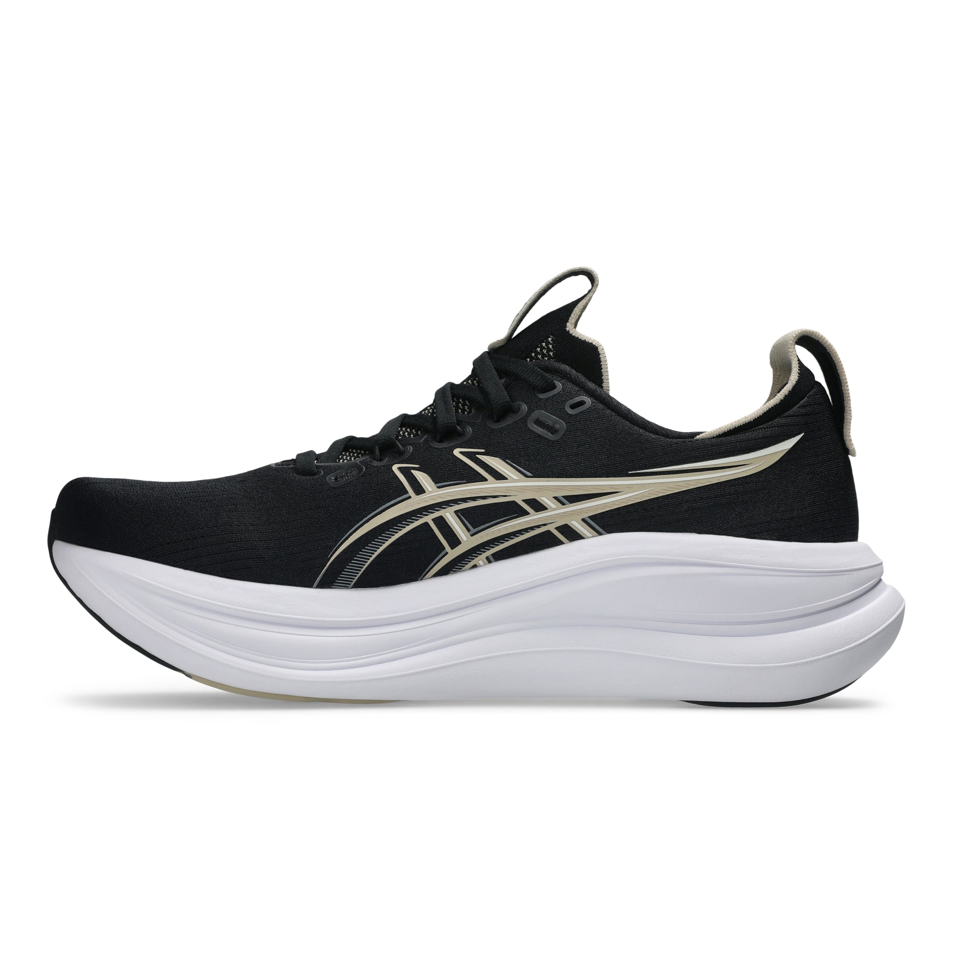 Black Asics running shoe with white sole on a white background
