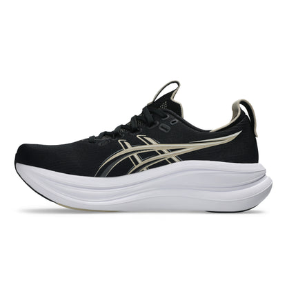 Black Asics running shoe with white sole on a white background