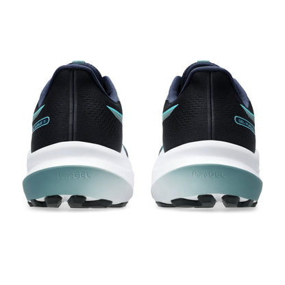 Navy Asics running shoes with Light blue accents on a white background
