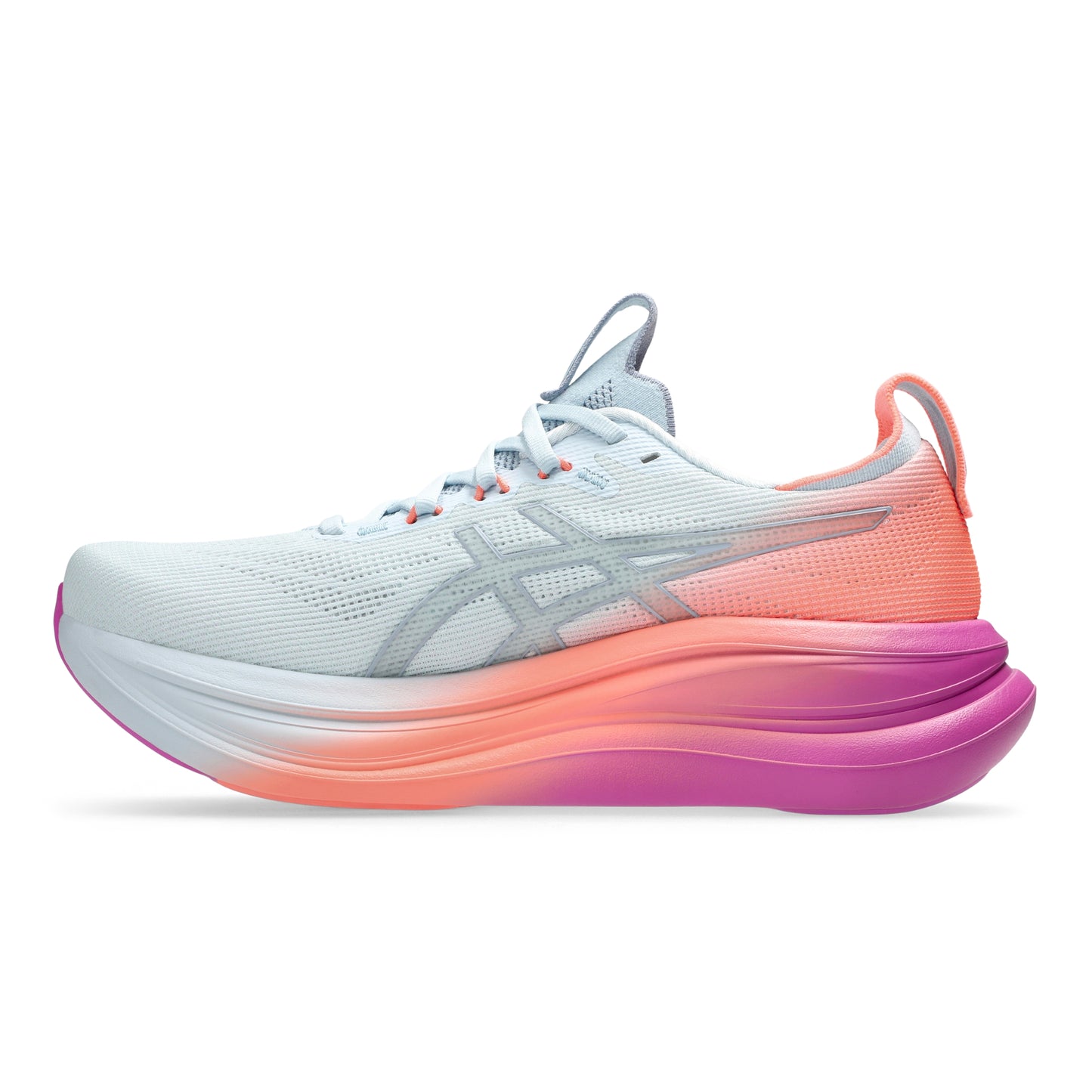 White, coral and pink Asics running shoe on a white background