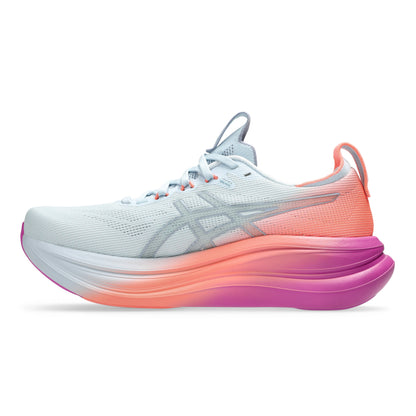 White, coral and pink Asics running shoe on a white background