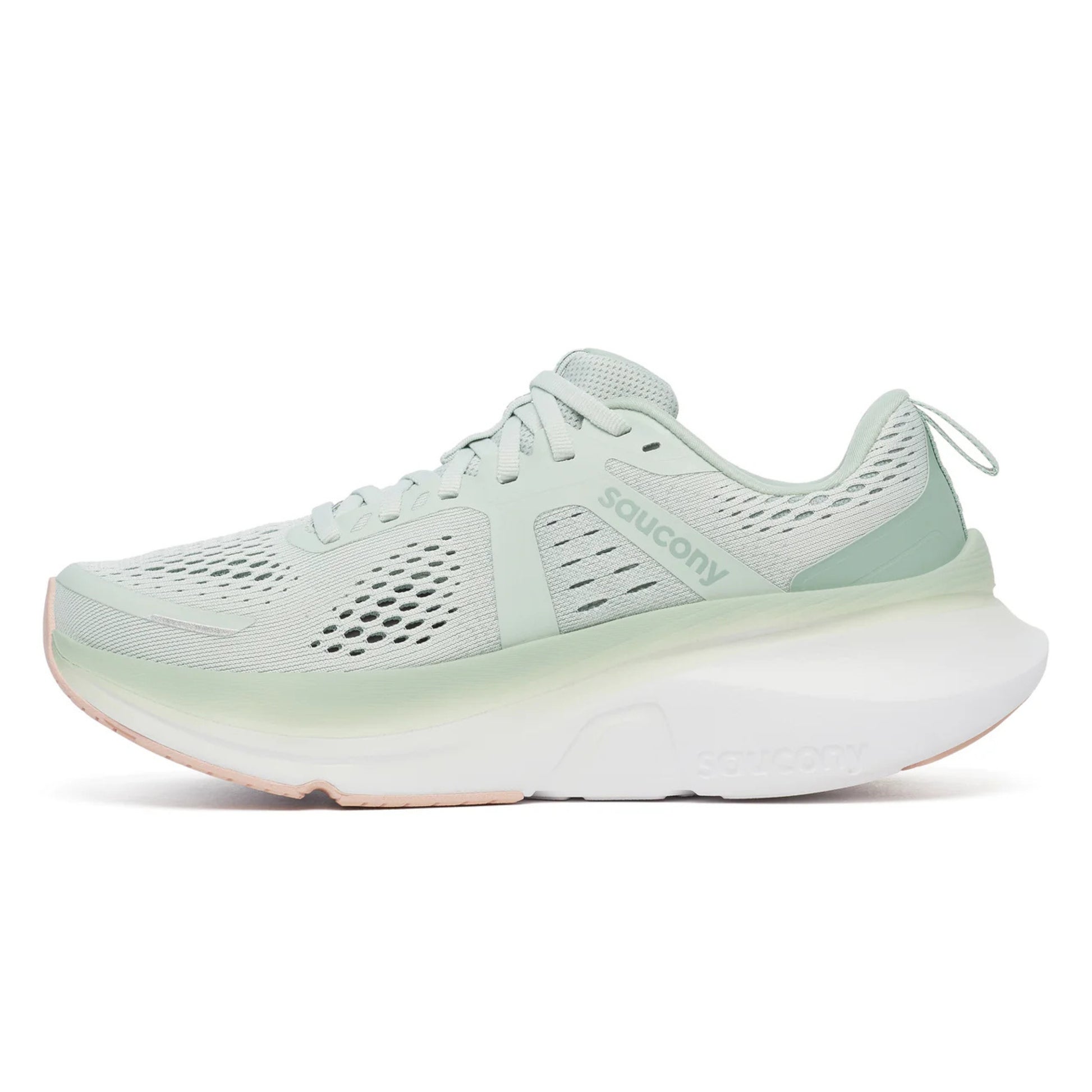 Light green running shoe on a white background