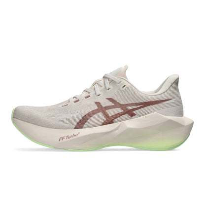 A single Asics running shoe in a light gray and off-white colorway, featuring a dark red-brown ASICS logo on the side, FF Turbo branding on the midsole, and a translucent light green outsole.