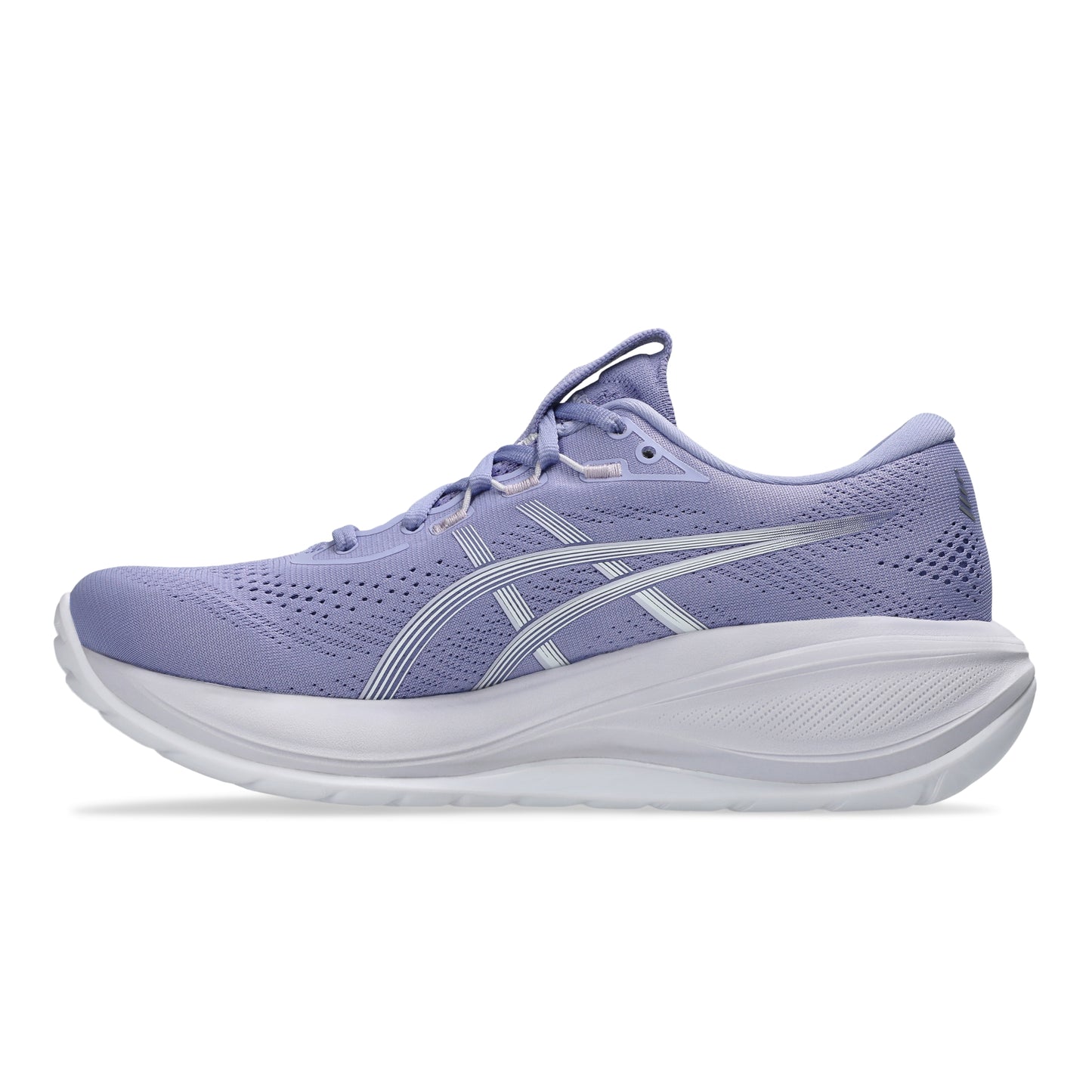 Purple Asics running shoe with white sole on a white background
