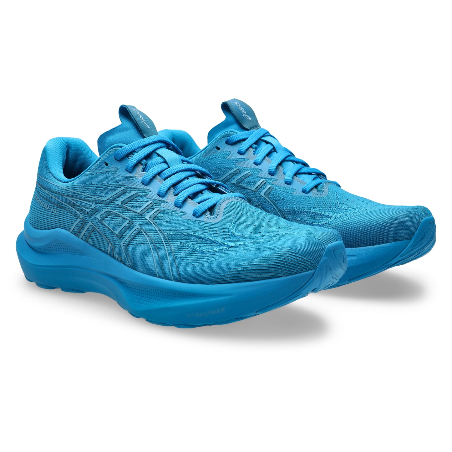 Pair of blue running shoes on a white background
