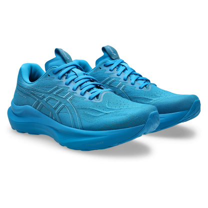 Pair of blue running shoes on a white background