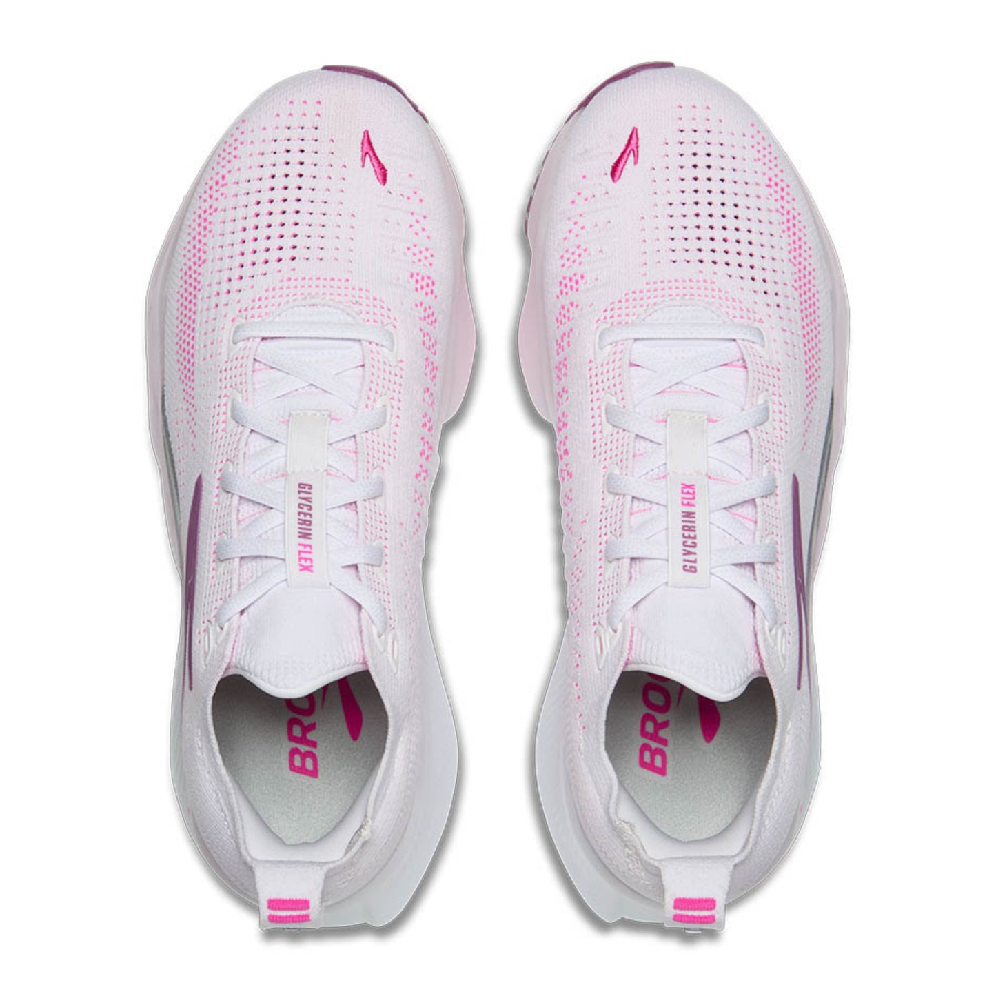 White Brooks running shoes with pink accents on a white background