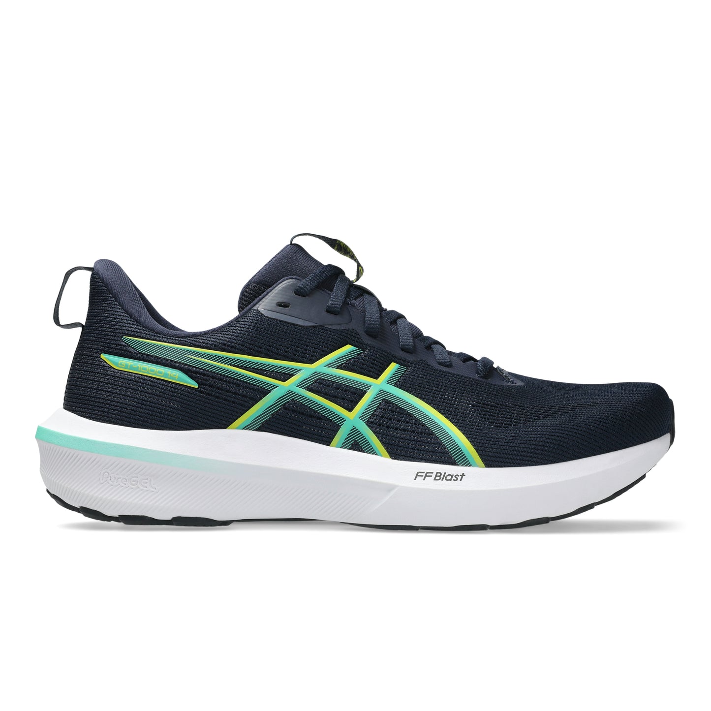 Black running shoe with white sole on a light gray background