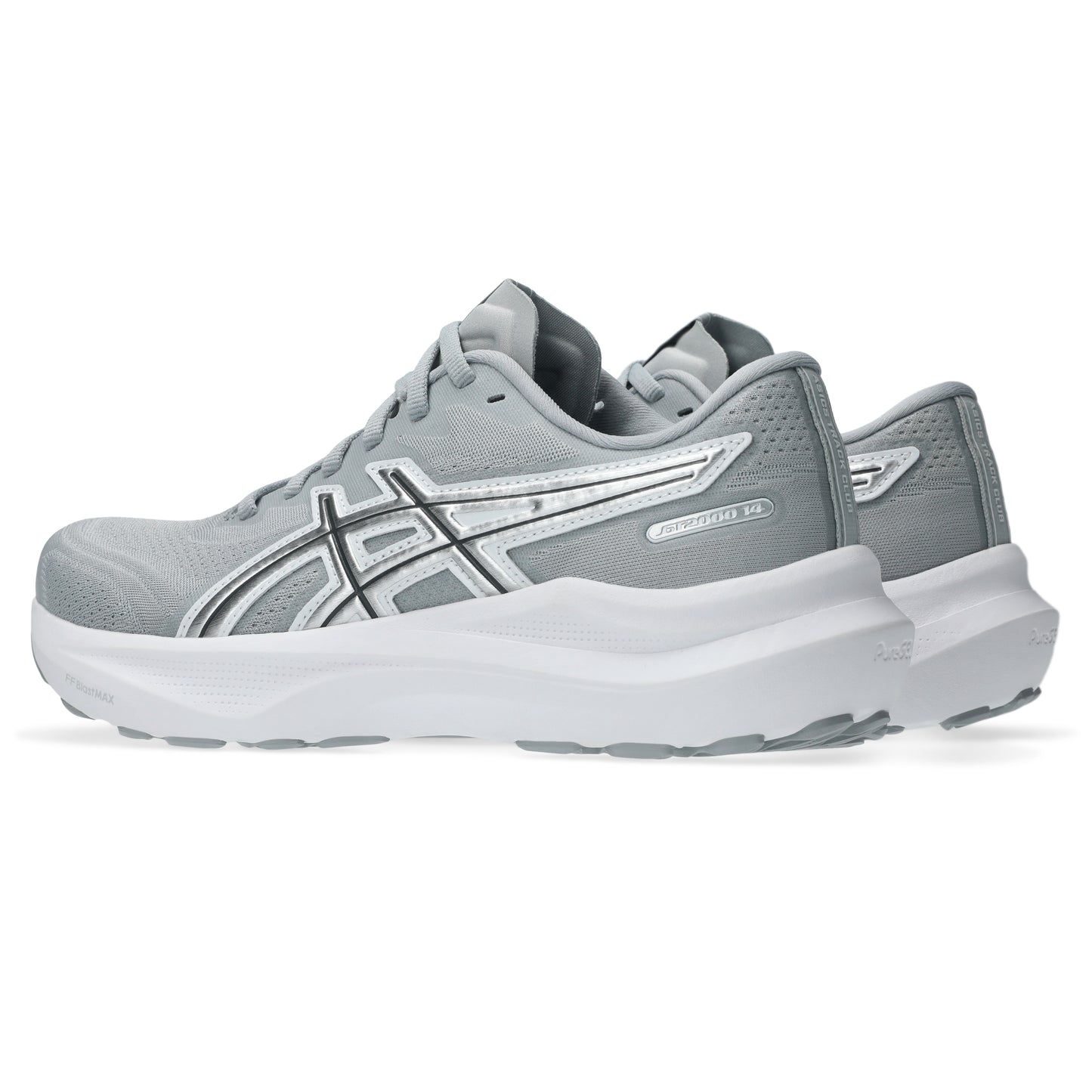 Gray running shoe with white sole on a white background
