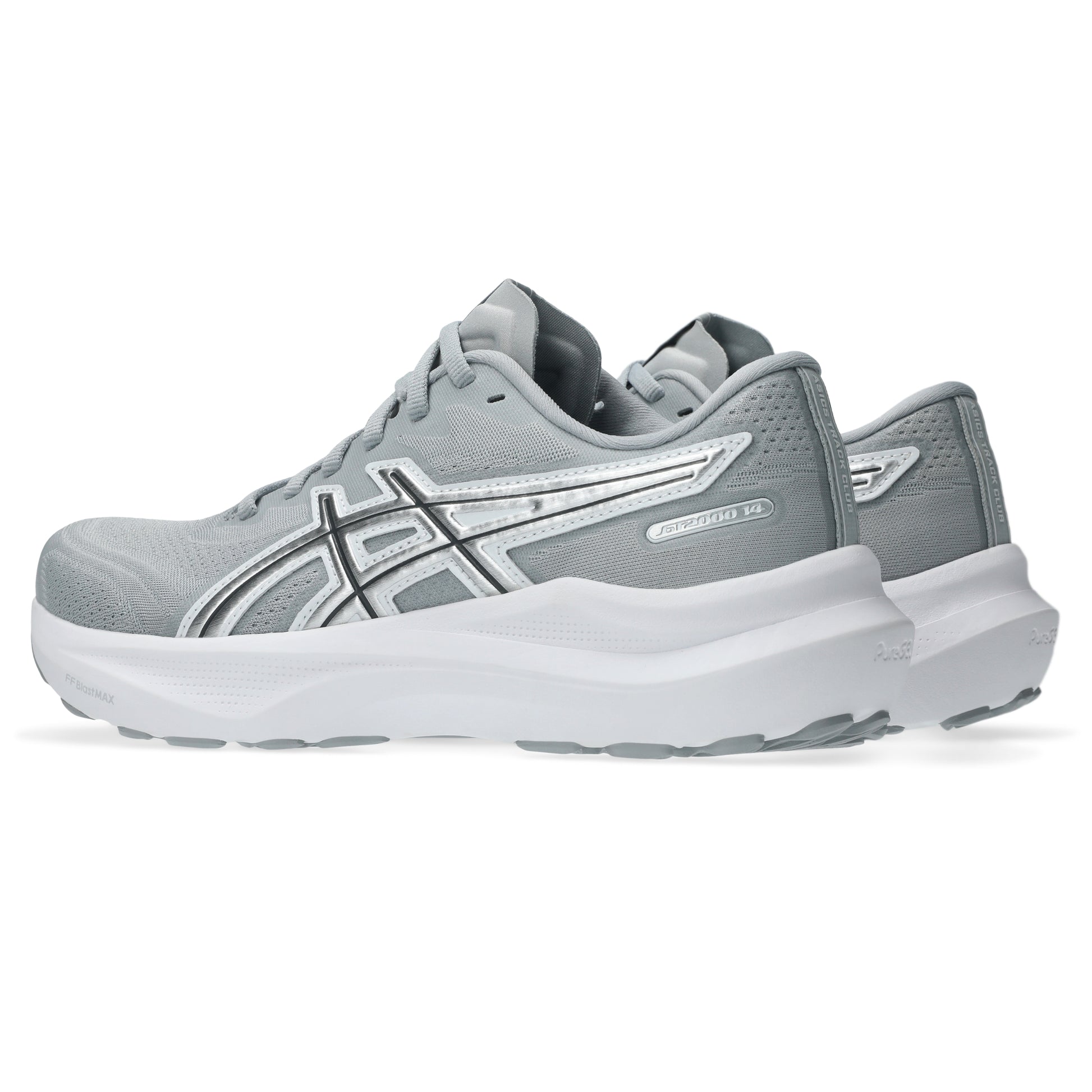 Gray running shoe with white sole on a white background