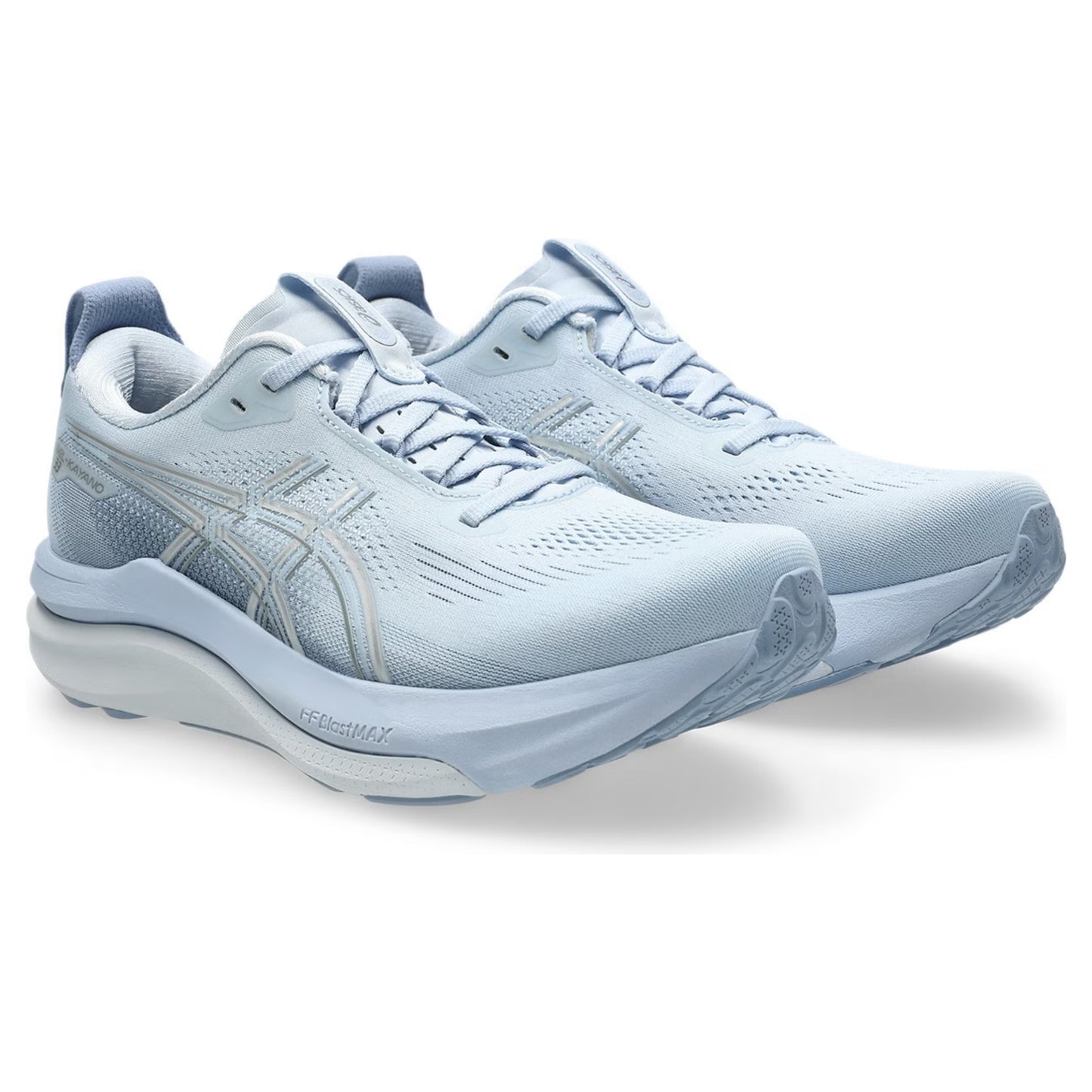 Light blue Asics running shoes on a white background