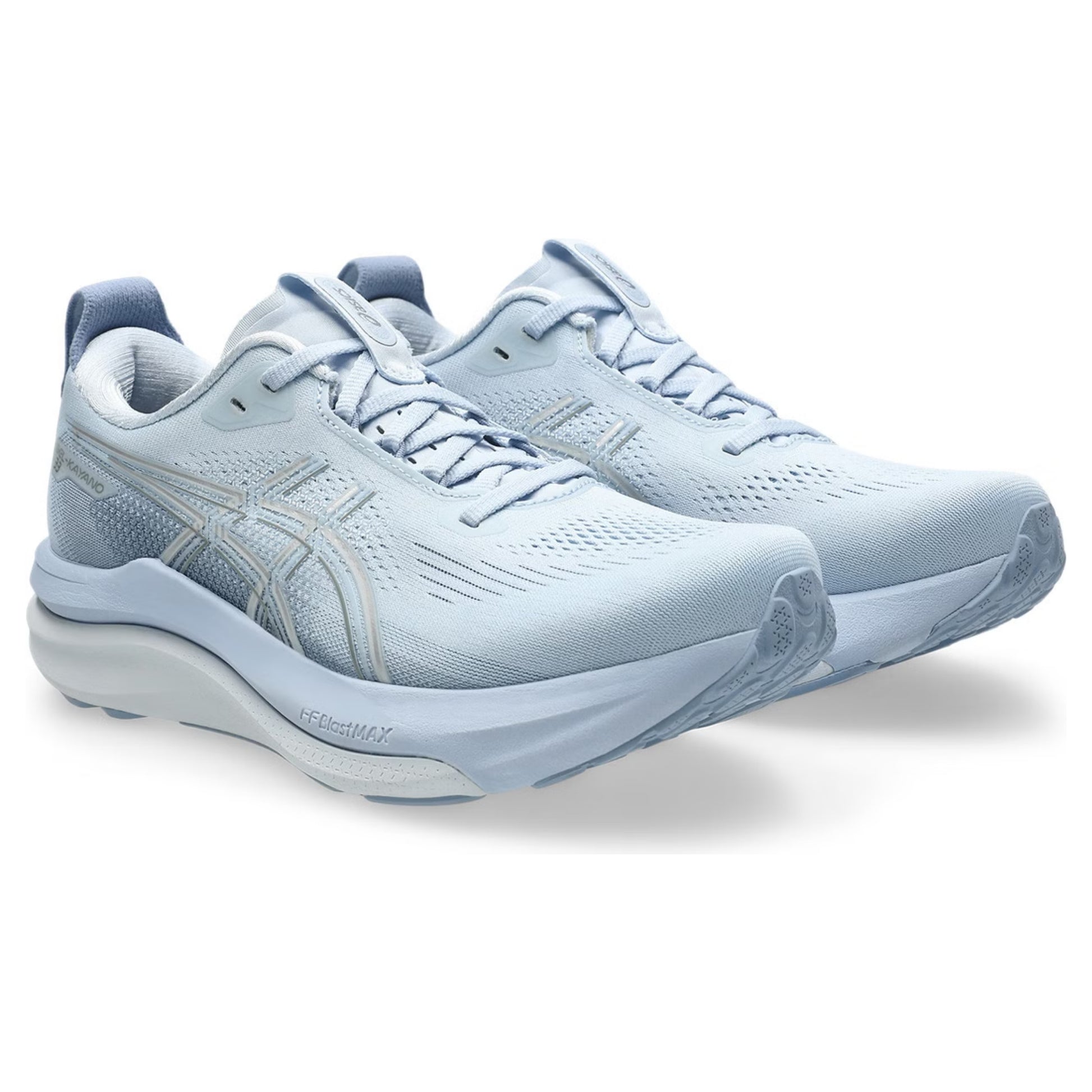 Light blue Asics running shoes on a white background