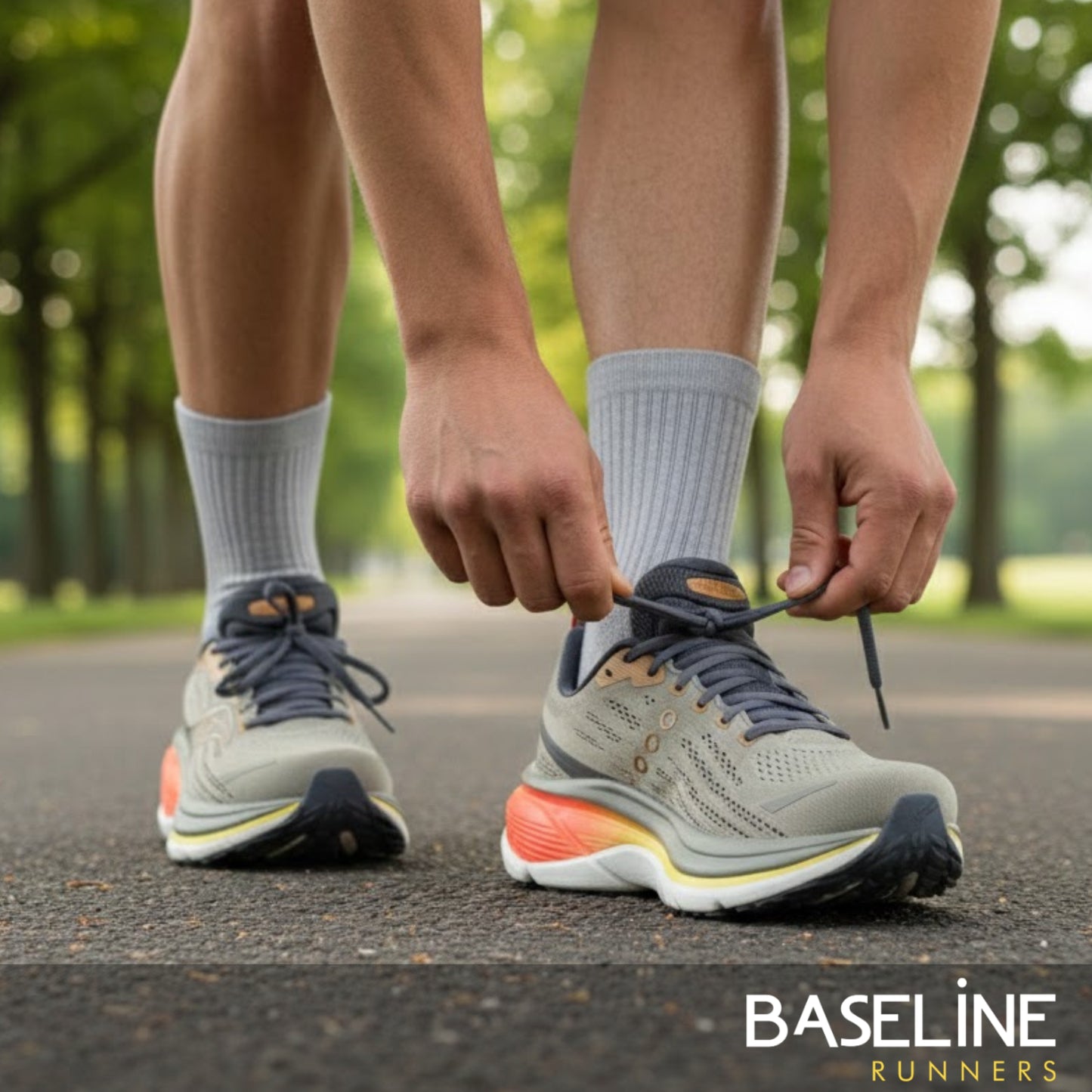 Person tying Saucony mens running shoes with 'Baseline Runners' branding in a park setting
