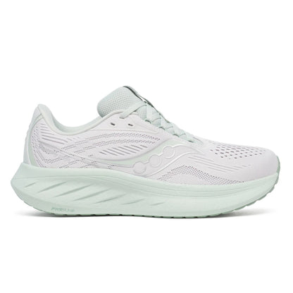White and light green Saucony running shoe with a light green sole 