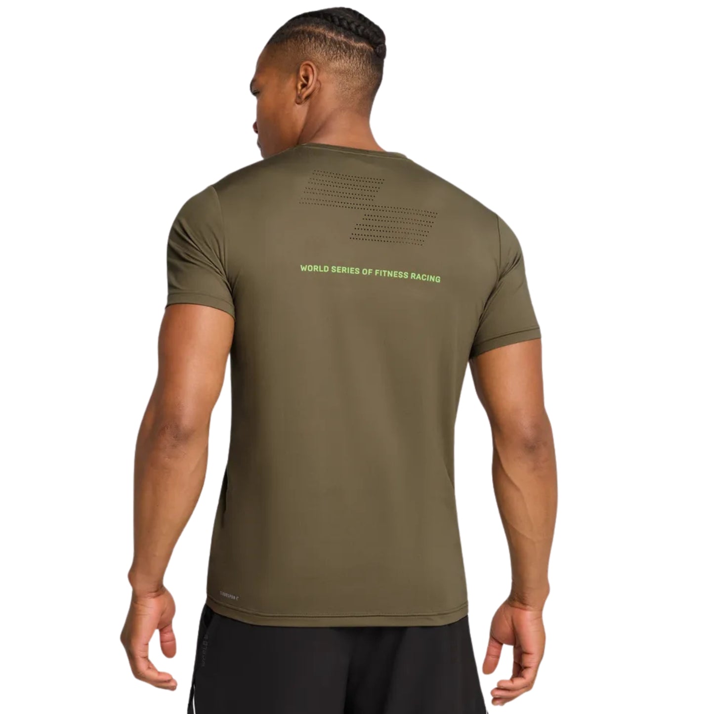 Person wearing a green athletic shirt with text on the back, on a white background