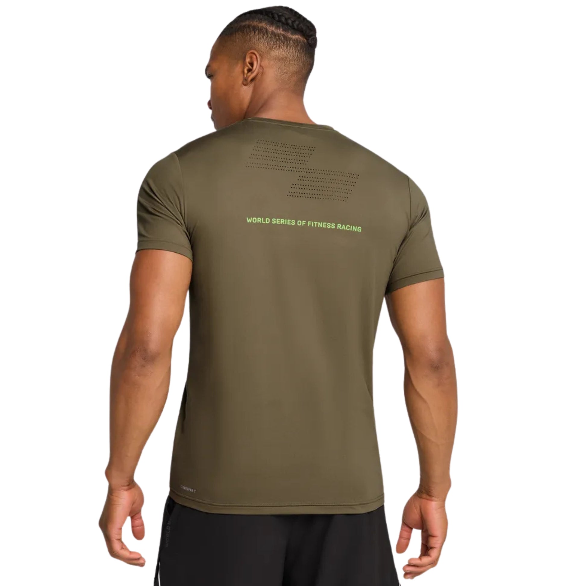 Person wearing a green athletic shirt with text on the back, on a white background