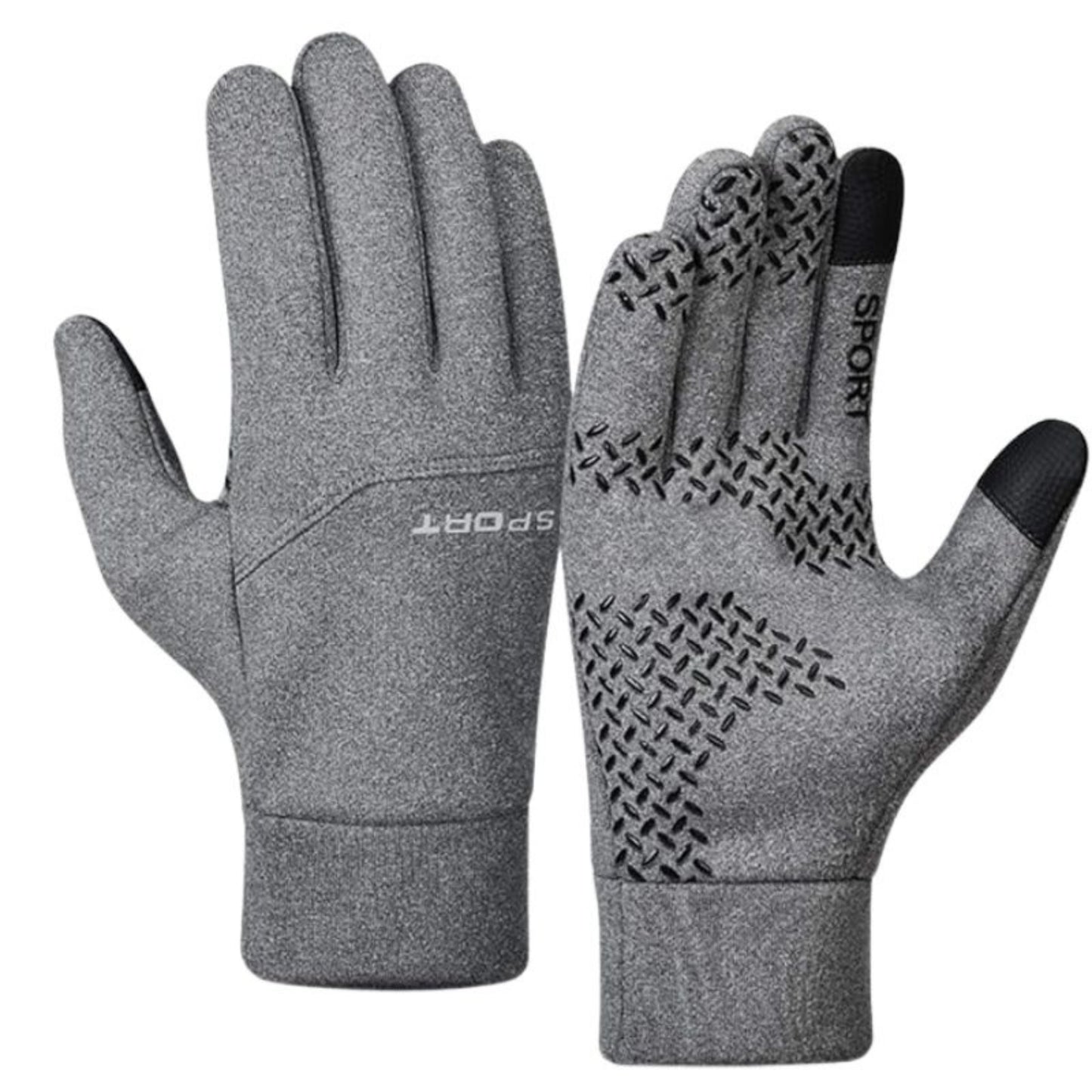 Pair of gray gloves with textured palm on a white background