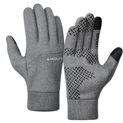 Pair of gray gloves with textured palm on a white background