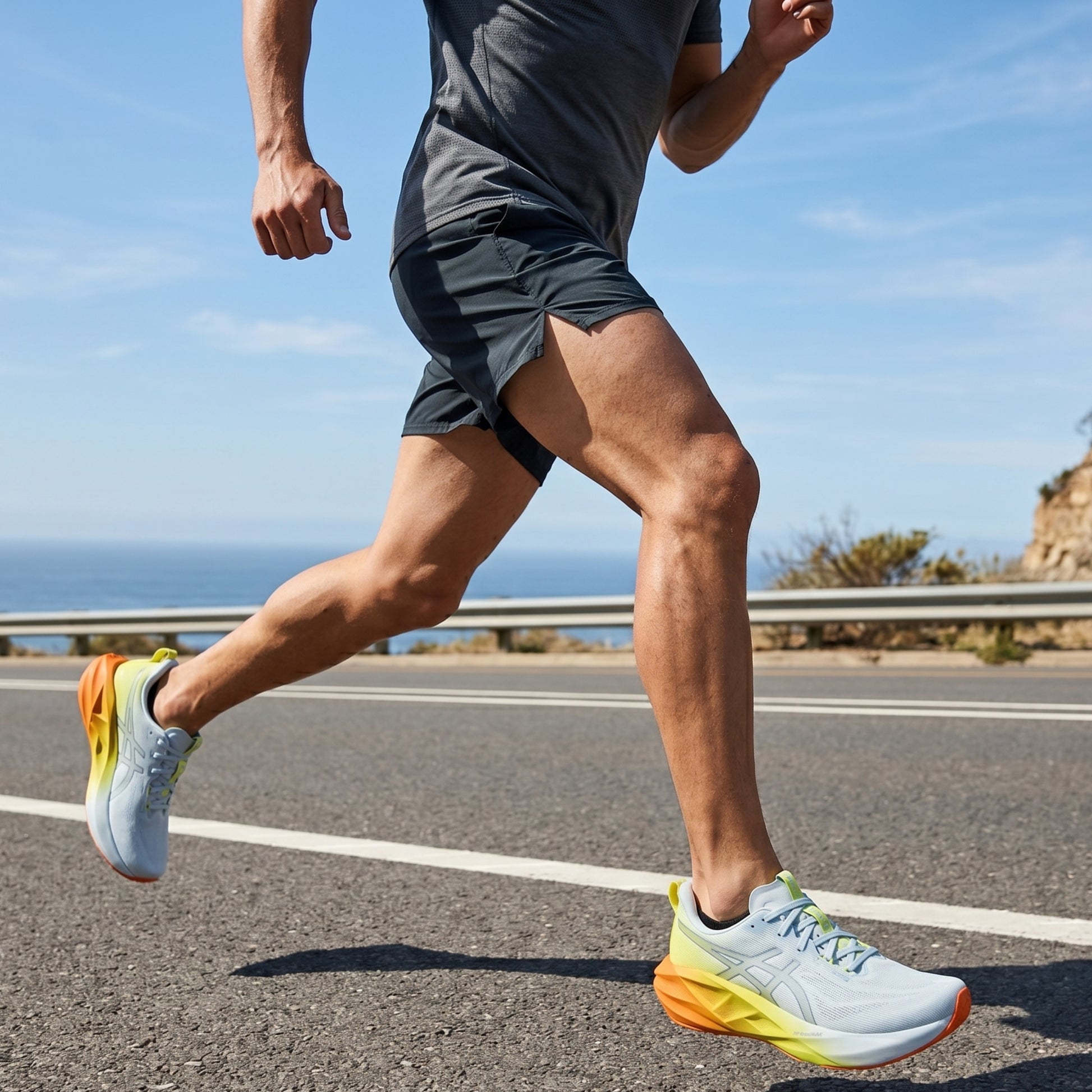 Person running on a road in daylight with Asics running shoes