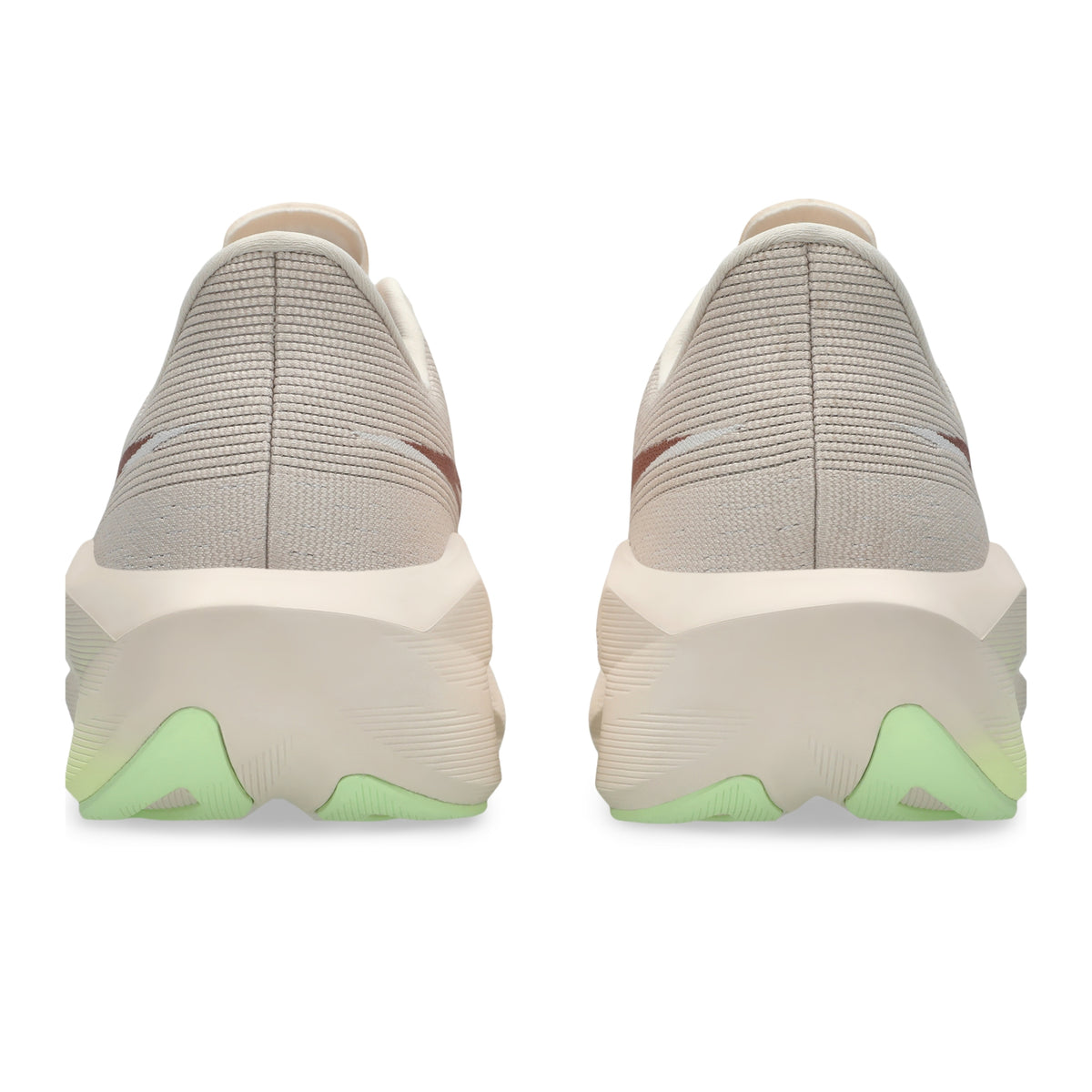 A pair of Asics running shoe shown from the rear, featuring a light beige textured knit upper, a chunky cream midsole, and a light green outsole.