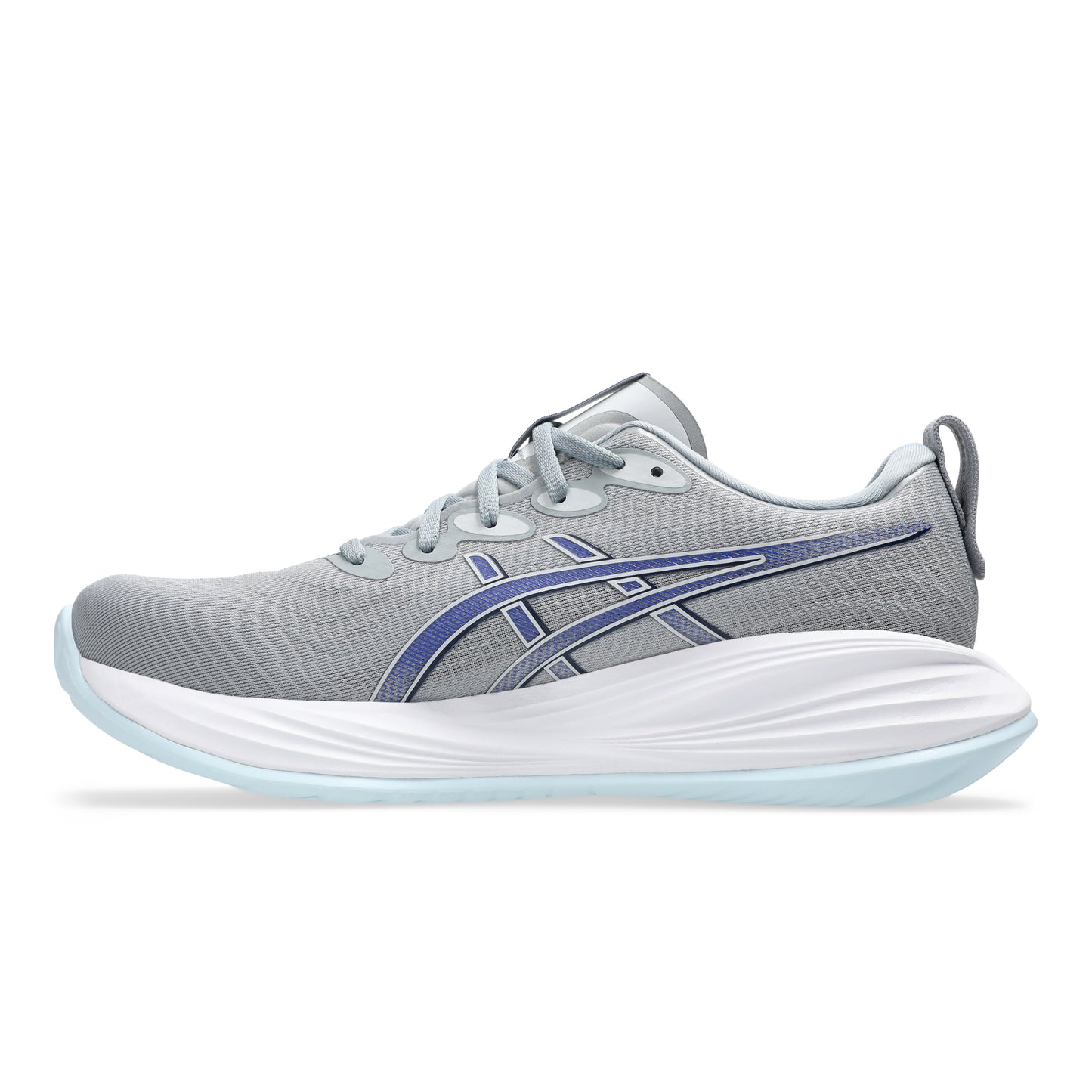 Black Asics running shoe with white sole on a light gray background