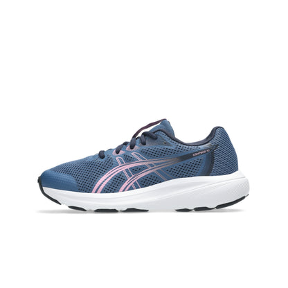 A single ASICS running shoe in blue with pink and white accents, shown from the side against a plain white background.