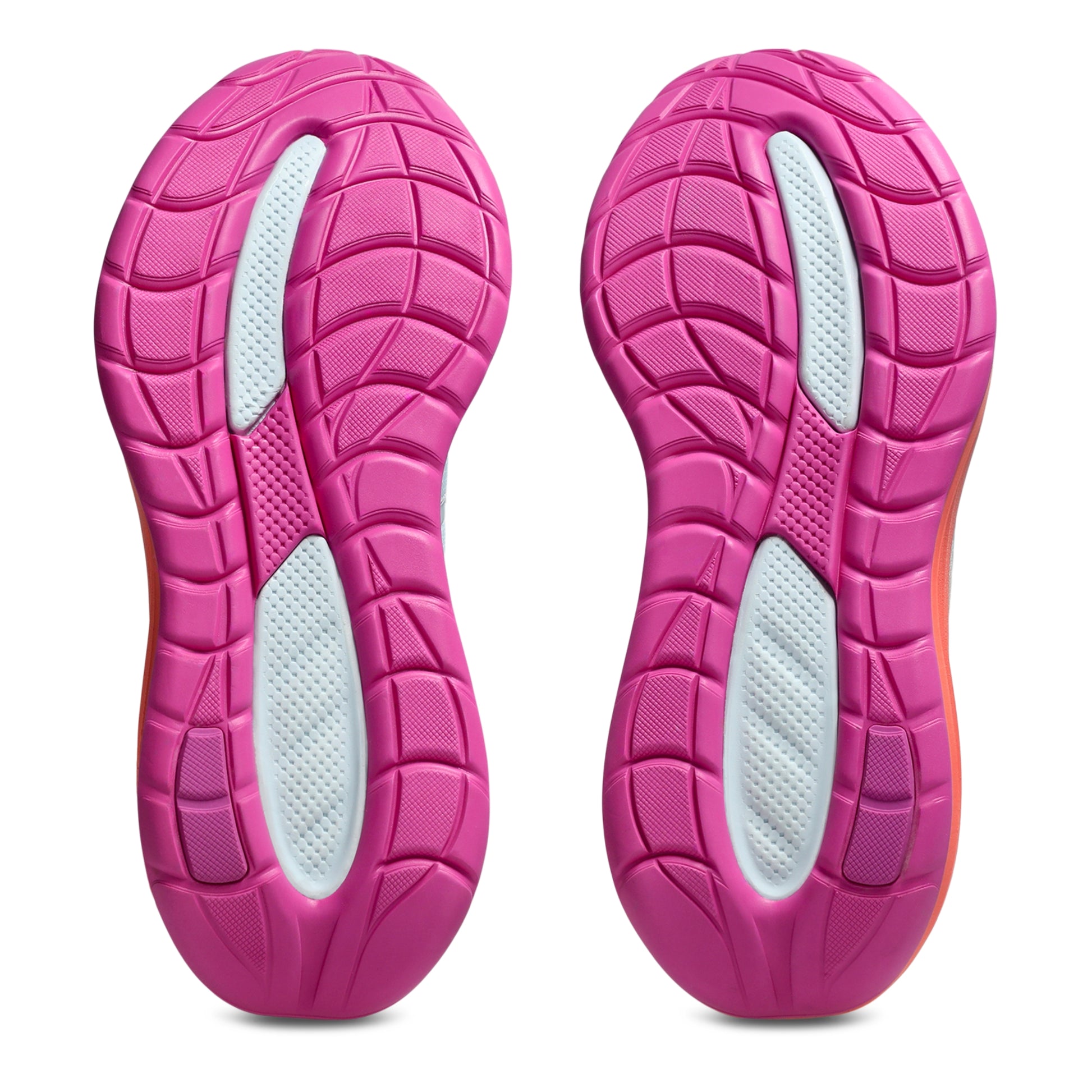 Pink and orange sole of a shoe with white sole liner on a white background
