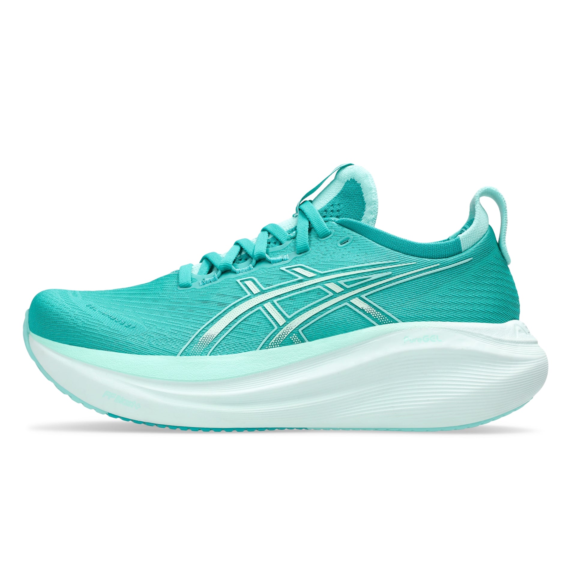 Teal running shoe on a white background