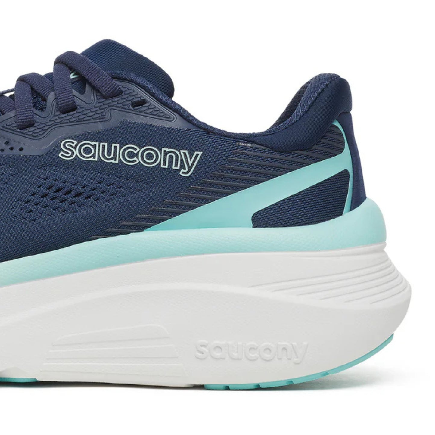 Navy and light blue running shoe with 'Saucony' branding on a white background