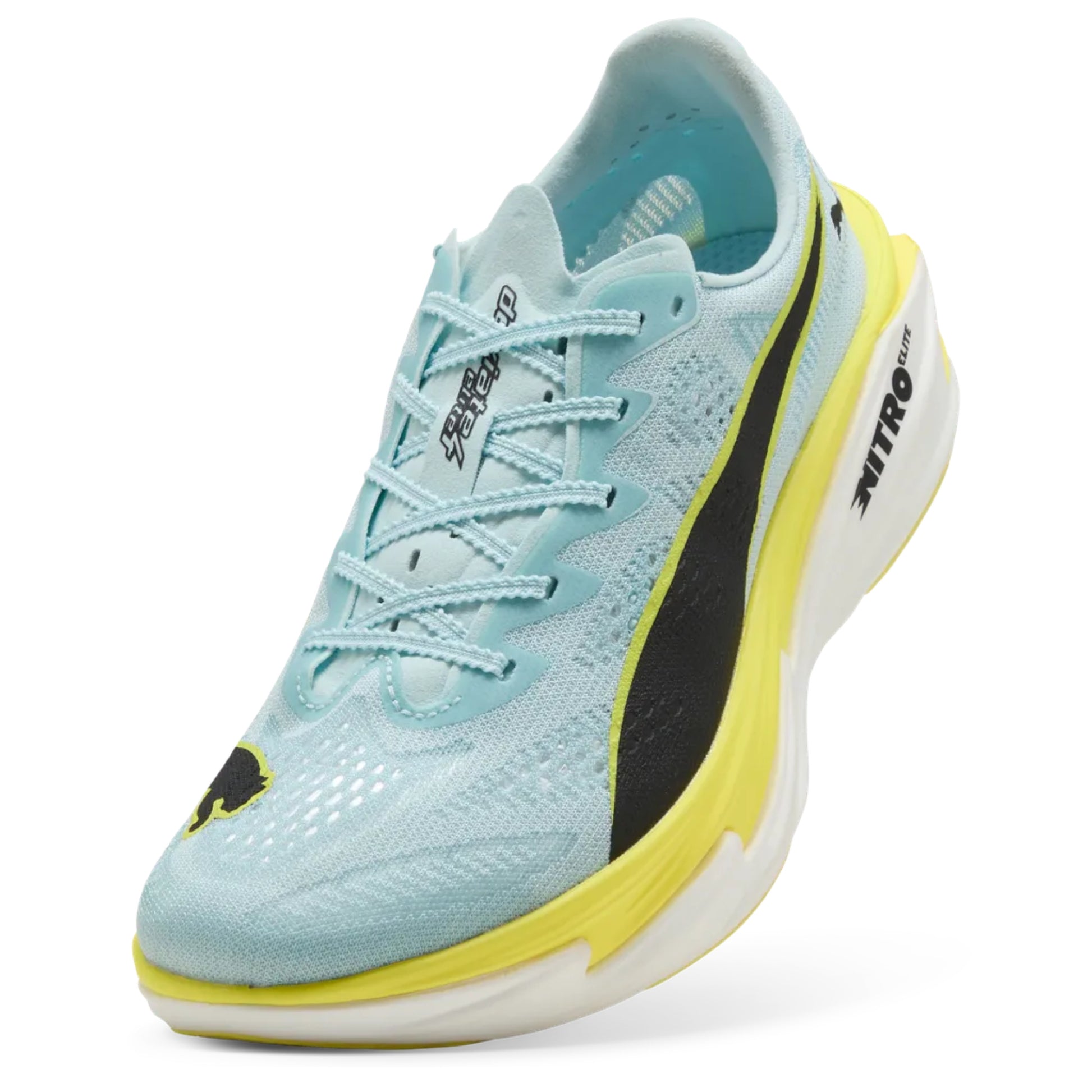 Light blue running shoe with yellow accents on a white background