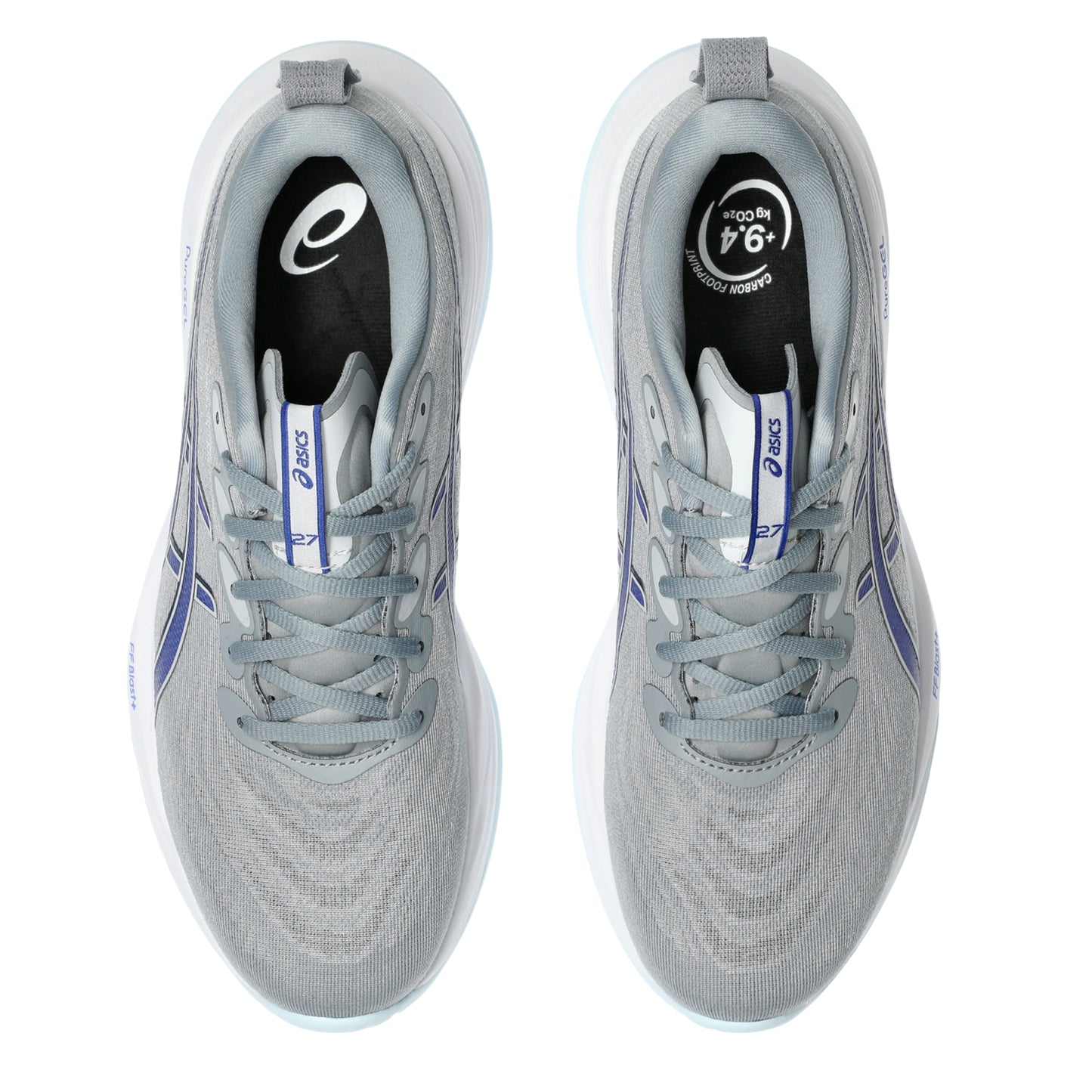 Gray Asics running shoes with blue accents on a white background
