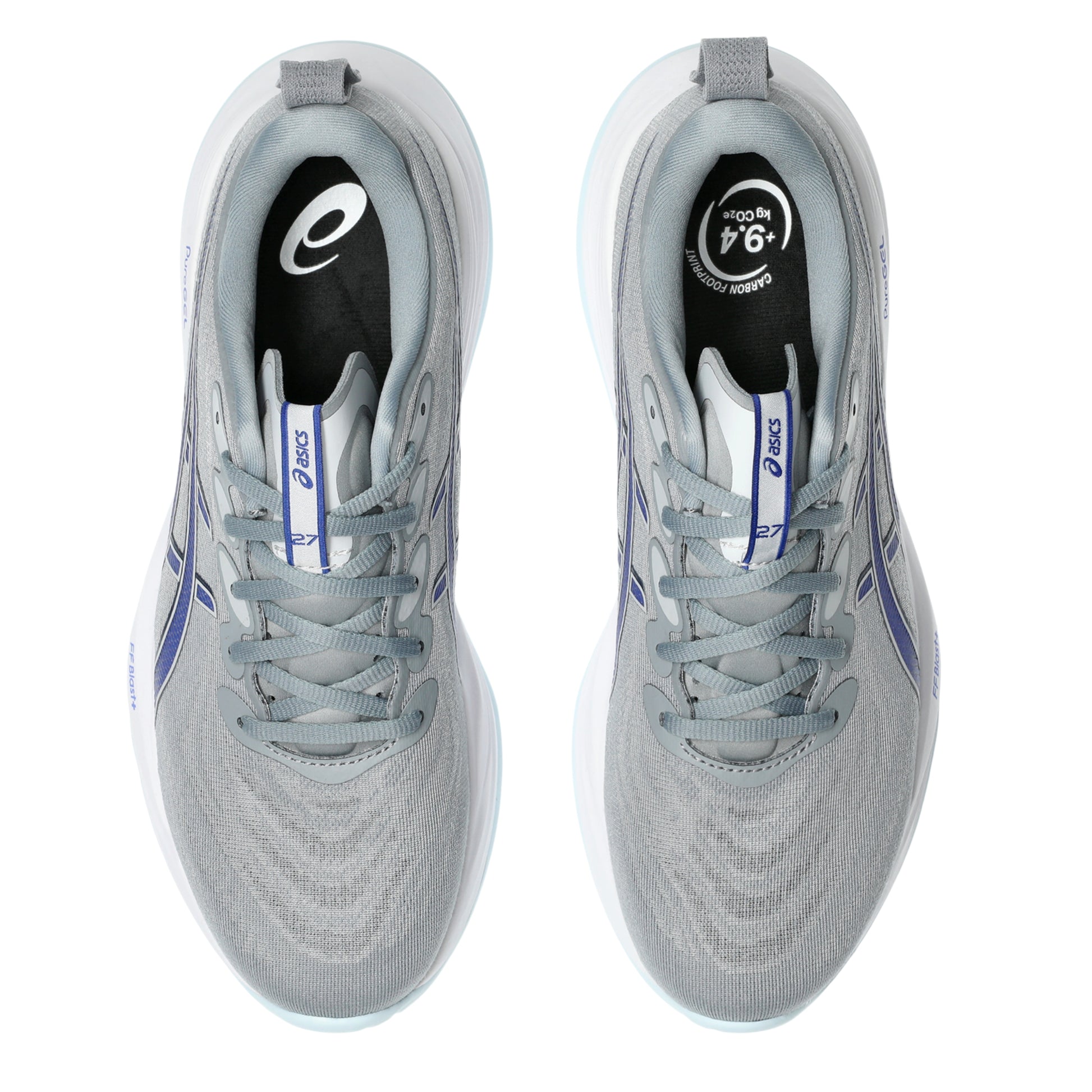 Gray Asics running shoes with blue accents on a white background