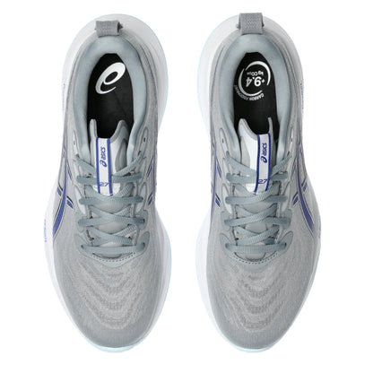 Gray Asics running shoes with blue accents on a white background