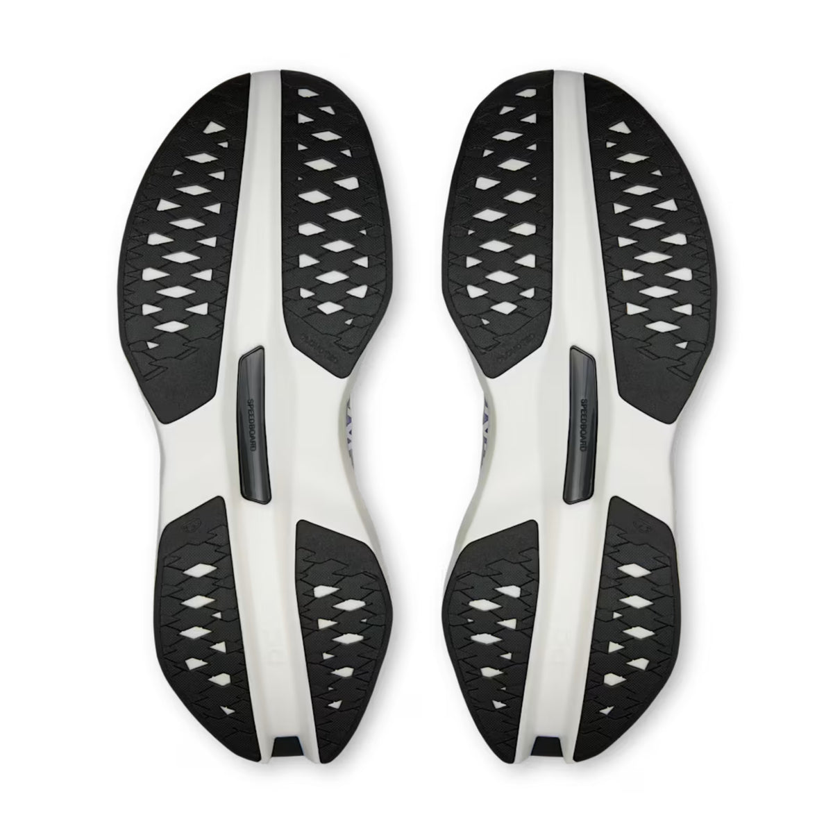 A pair of On running shoe soles shown from a top-down view, featuring a black and white design with geometric tread patterns.