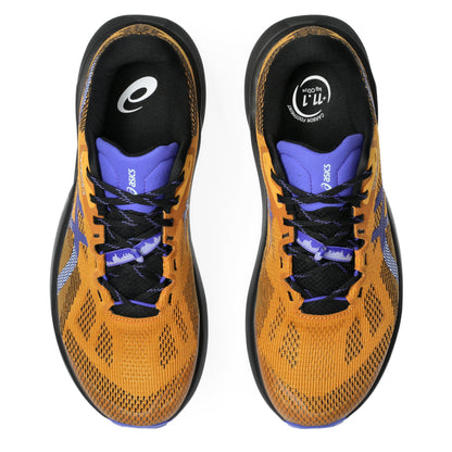 Pair of orange running shoes with black and blue accents on a white background